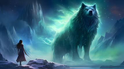 sorceress commanding a spectral wolf, set in a snowy tundra, northern lights in the sky