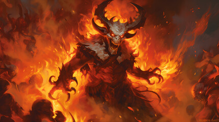 demon juggling flames, horns protruding from his head, sharp-toothed grin, in a fiery hellscape