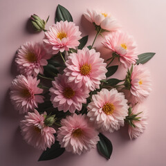 Top View Image of Pink Flowers Arranged Artfully over a Soft and Pastel Background