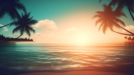 Fototapeta na wymiar A Mesmerizing Beach and Lush Palms Define the Tropical Haven, Background Wallpaper