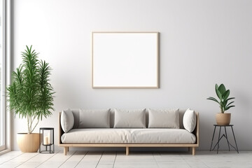 A living room with a couch and a potted plant. Generative AI. Poster s mockup.