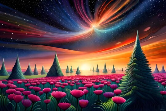 Mystical Forest Bathed in Ethereal Glow Luminescent Creatures Dwell Illustrate,Rainbow color, Red Blooming flowers Illustrate Generative  AI