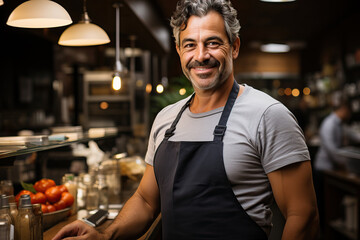 A man standing in front of a counter in a kitchen