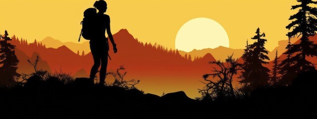 Obraz premium A captivating illustration of a silhouette in nature, such as hiking in the mountains , evoking a sense of adventure and wanderlust for an enticing web banner. Generative AI