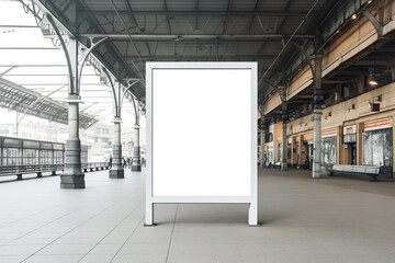 A blank billboard stands in a train station. Generative AI.
