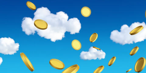 Money raining from the sky. Gold coins coming down from the clouds. Concept of business, financial growth, personal and economic achievement. Ai generative.