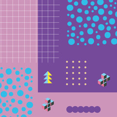 Abstract background square card with various geometric shapes ornaments and text space. Square wallpaper with geometric memphis style.