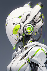 A close up of a robot"s head with green accents. Generative AI.