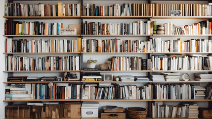 modern full wall full-length bookshelf filled with colorful paper books, smart book background, generative ai - obrazy, fototapety, plakaty