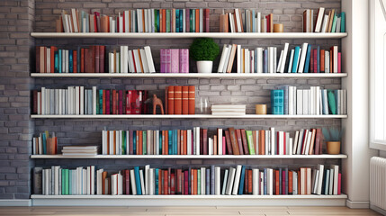 modern full wall full-length bookshelf filled with colorful paper books, smart book background, generative ai
