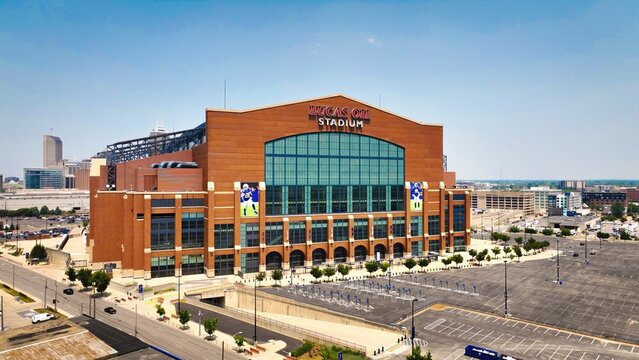 Lucas Oil stadium Indianapolis from above - aerial drone photography - INDIANAPOLIS, INDIANA - JUNE 07, 2023