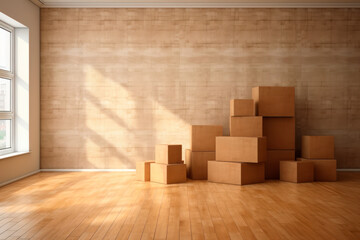 Brown moving storage cardboard boxes stacked in empty room. Generative AI