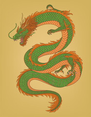 Fototapeta premium Angry chinese dragon, vintage engraving drawing style vector illustration