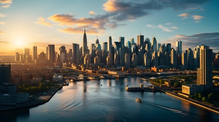 Obraz premium Downtown Cityscape at Dusk with Illuminated Skyscrapers and Water Reflection
