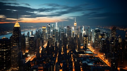 Obraz premium An illuminated urban skyline at dusk with towering skyscrapers and city buildings.