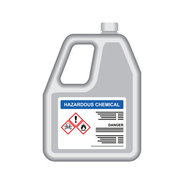 Jerry can or hazardous chemical container with danger notice label. Symbol and icon for safety data sheet. MSDS