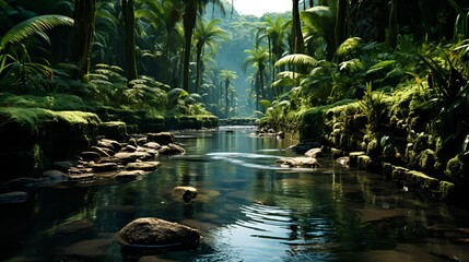 Untouched rainforest with lush greenery, tranquil river, and serene reflection.