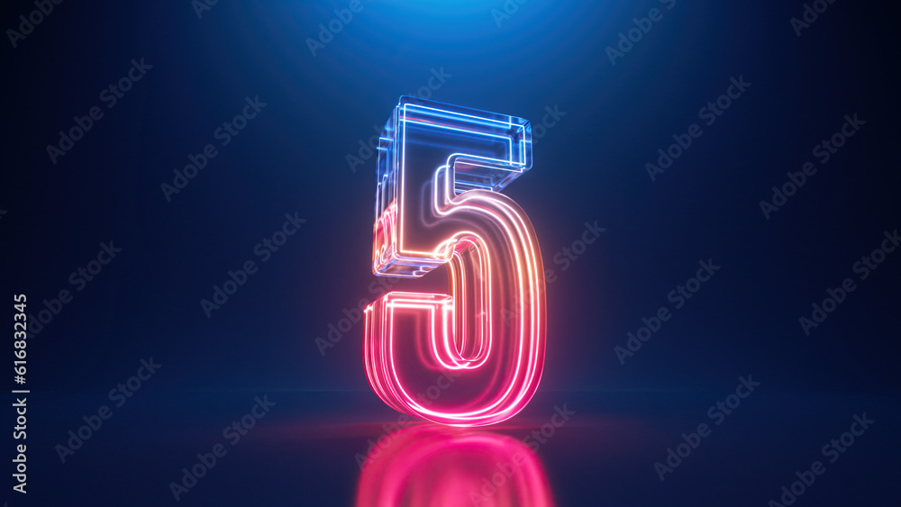 Wall mural 3d rendering. neon number three. glowing colorful line inside the glass symbol 3 shape. top chart