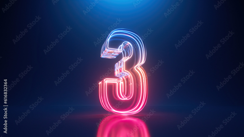 Wall mural 3d rendering. neon number three. glowing colorful line inside the glass symbol 3 shape. top chart