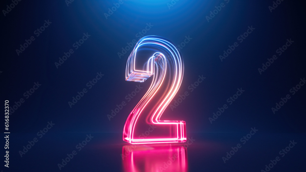 Sticker 3d rendering. neon number two. glowing colorful line inside the glass symbol 2 shape. top chart
