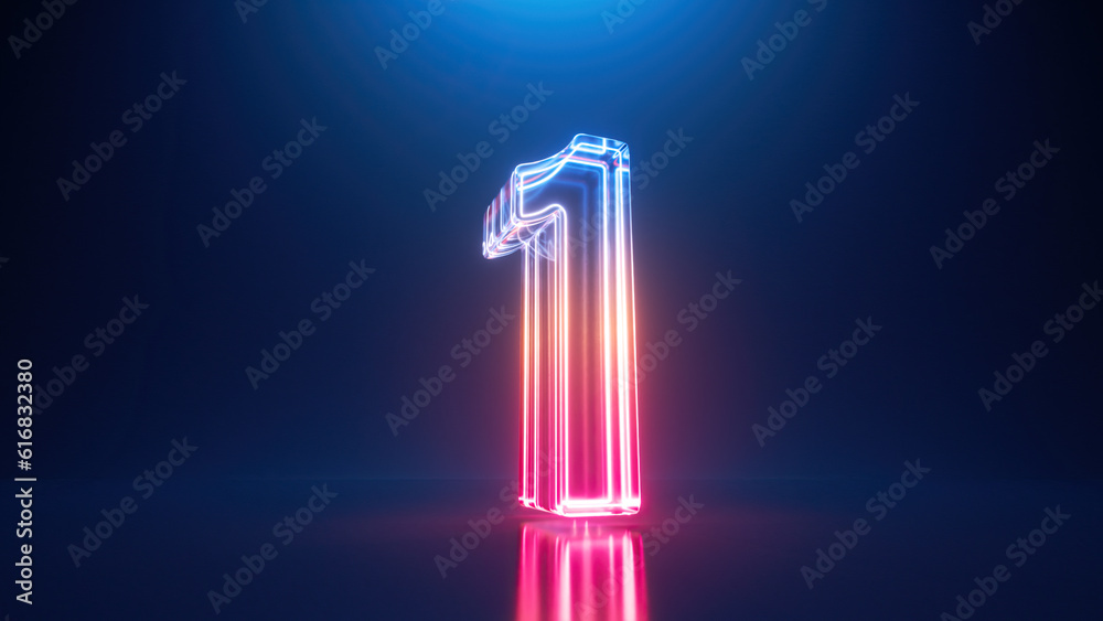 Poster 3d rendering. neon number one. glowing colorful line inside the glass symbol 1 shape. top chart