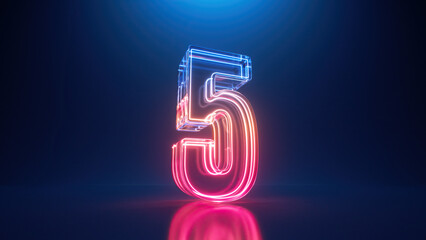 3d rendering. Neon number three. Glowing colorful line inside the glass symbol 3 shape. Top chart - obrazy, fototapety, plakaty