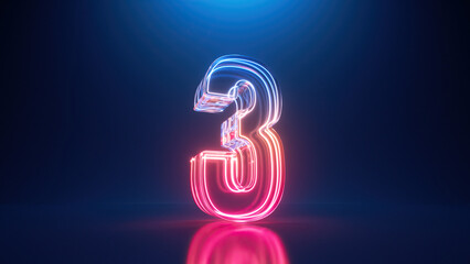 3d rendering. Neon number three. Glowing colorful line inside the glass symbol 3 shape. Top chart - 616832364