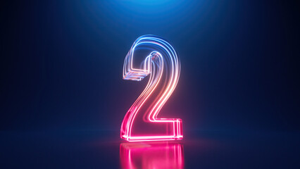 3d rendering. Neon number two. Glowing colorful line inside the glass symbol 2 shape. Top chart