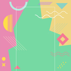 Abstract background square card with various geometric shapes ornaments and text space. Square wallpaper with geometric memphis style.