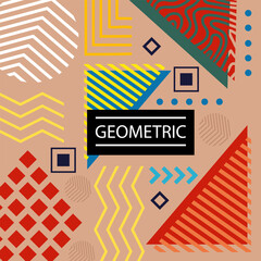 Abstract background square card with various geometric shapes ornaments and text space. Square wallpaper with geometric memphis style.