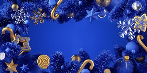 Fototapeta na wymiar 3d render, blue gold Christmas background of festive ornaments and spruce twigs. Blank frame, festive banner. Greeting card template. Winter holiday wallpaper