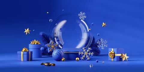 3d render, festive blue background with Christmas ornaments, empty glass snow ball, wrapped gift boxes and spruce twigs. Modern holiday banner template