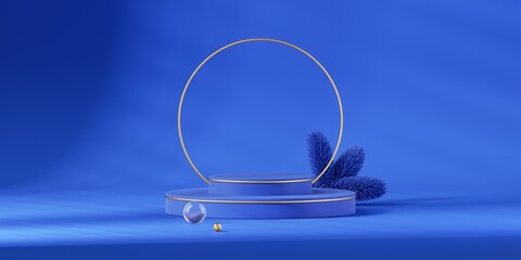 3d render, blue Christmas background with empty stage, golden round arch and spruce twigs. Minimalist holiday showcase for product presentation