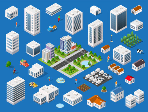 Set of modern isometric buildings and houses for sites and games.