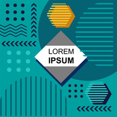 Abstract background square card with various geometric shapes ornaments and text space. Square wallpaper with geometric memphis style.