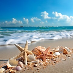 Fototapeta na wymiar seashells and starfish scattered on a sandy beach with ocean waves in the background , Generative AI