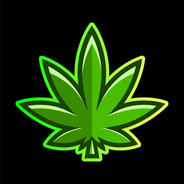 Medical Cannabis Logo with Marijuana Leaf Glowing Neon Light Style Green on Dark Brick Wall Background -