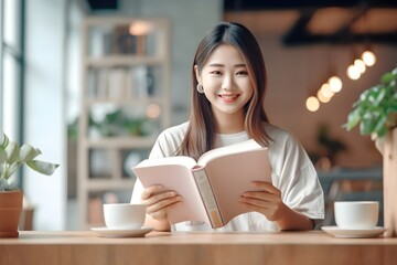 Fototapeta premium カフェで本を読む女性 with generative ai