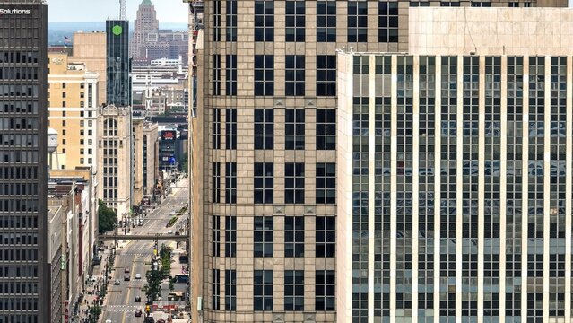 The High-rise office buildings of Detroit at downtown - aerial drone photography - DETROIT, MICHIGAN - JUNE 11, 2023