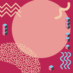 Abstract background square card with various geometric shapes ornaments. Square wallpaper with geometric memphis style.