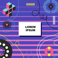 Obraz premium Abstract background square card with various geometric shapes ornaments. Square wallpaper with geometric memphis style.