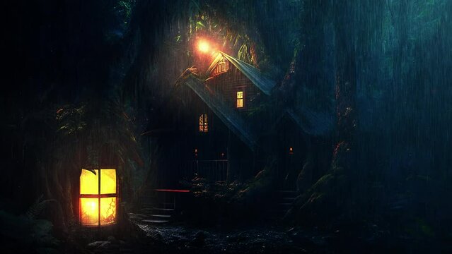 The cabin is warm in the rainy night