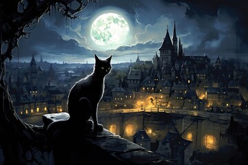 A Moonlit Cityscape with a Graceful Black Cat. Children's Book Illustration Concept Art. Generative AI