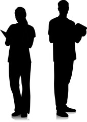 Silhouettes of healthcare workers. Happy smiling doctors with a stethoscope. Male and female nurse in blue uniform poses. Different color options. Vector flat style illustration set isolated on white