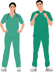 Hand-drawn healthcare workers. Happy smiling doctors with a stethoscope. Male and female nurse in blue uniform poses. Different color options. Vector flat style illustration set isolated on white