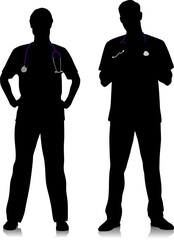 Silhouettes of healthcare workers. Happy smiling doctors with a stethoscope. Male and female nurse in blue uniform poses. Different color options. Vector flat style illustration set isolated on white