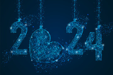 Abstract isolated blue image of new year number 2024. Polygonal low poly wireframe illustration looks like stars in the blask night sky in spase or flying glass shards. Digital web, internet design. © Katsiaryna