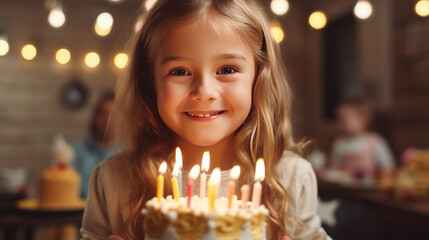 Concept birthday, party. Happy little girl making wish and going to blow candles on cake while celebrating Birthday. Created with Generative AI technology.