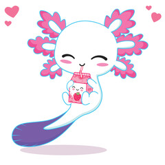 kawaii axolotl drinking strawberry milk tea cartoon vector illustration
