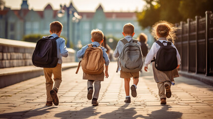 A group of energetic elementary school kids leaving school or went to school. School kids with backpacks running to school. Back to school. Created with Generative AI technology.